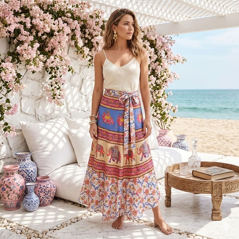 Rare Tolani Silk Wrap Maxi Skirt | Bohemian Floral -Elephant & Camel Print | OS